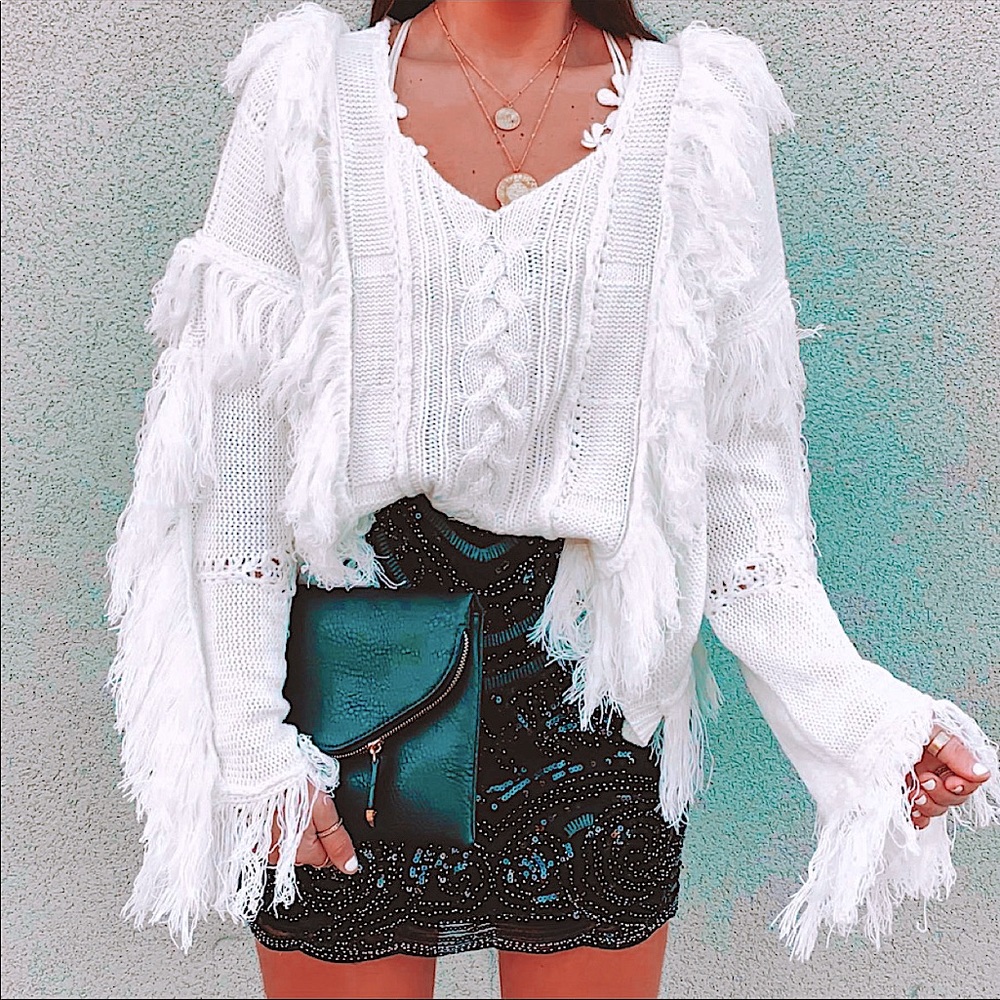 Vici Reverent Fringe Cable Knit Sweater